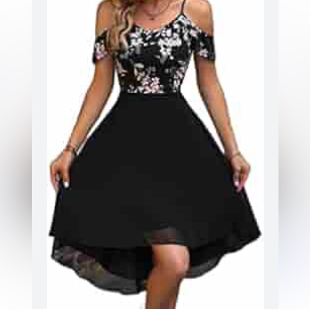 SHEIN Black Floral High Low Dress